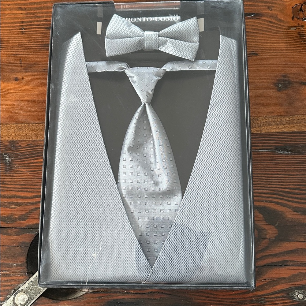 Pronto Uomo Silver Vest, Tie, and Bow Tie Set large